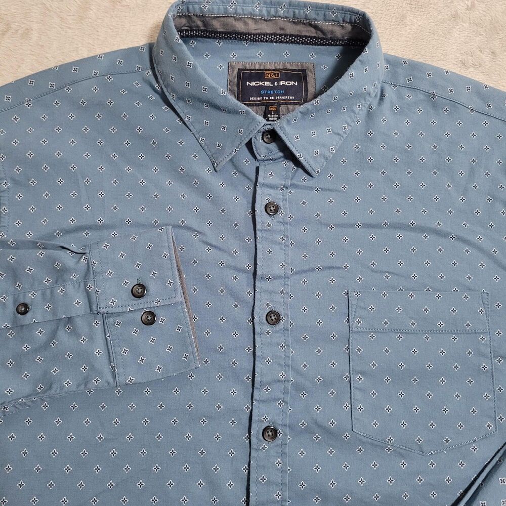 Nickel & Iron Shirt Mens Large Blue Geometric Long Sleeve Button Up Stretch
